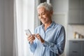 Senior Woman Messaging On Cellphone Texting Indoor Standing Near Window Royalty Free Stock Photo