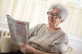 Happy senior woman solving a crossword puzzle at home Royalty Free Stock Photo