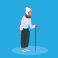 Happy senior woman standing with walking cane female elderly cartoon character full length blue background flat