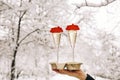 Happy senior woman in warm clothes holding two glasses of champagne while standing in snowy courtyard