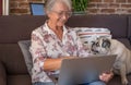 Happy senior woman working on laptop sitting on sofa at home, old pug dog looking at her Royalty Free Stock Photo