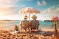 Happy seniors enjoying of retirement on a beach. Generative AI
