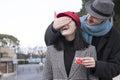 Happy sentimental couple in love bonding with gift. Valentine`s day celebration