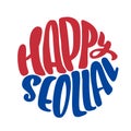 Happy Seollal handwritten red and blue calligraphy round text. Korean lunar new year. Modern brush ink lettering