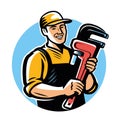 Happy service worker, builder with adjustable wrench. Workshop, building emblem, logo. Repair work vector illustration