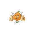 Happy shallot cartoon character with two money bags