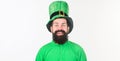 Happy shamrock day. Bearded man celebrating saint patricks day. Irish man with beard wearing green. Hipster in