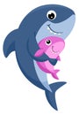 Happy shark with baby. Cute cartoon sea animal Royalty Free Stock Photo