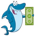 Happy Shark Cartoon Mascot Character Holding A Dollar Bill