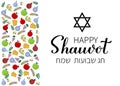 Happy Shavuot calligraphy lettering in Hebrew with hand drawn symbols. Jewish holiday banner. Easy to edit vector template for