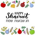 Happy Shavuot calligraphy lettering in Hebrew with hand drawn symbols. Jewish holiday greeting card. Easy to edit vector template