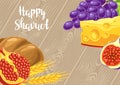 Happy Shavuot greeting card. Holiday background with Jewish traditional symbols.