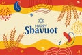 Happy Shavuot Horizontal Background Vector Illustration. Traditional Jewish holiday graphic. Memphis Concept Wheat Grain Flat
