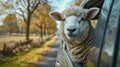 Happy sheep eeking out of a car window, relishing the scenic ride