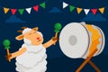 Happy Sheep Playing Drum Celebrating Adha