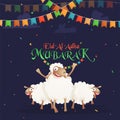 Happy sheeps and bunting flags on confetti blue background. Eid-Al-Adha Mubarak, Islamic festival of sacrifice celebration Royalty Free Stock Photo