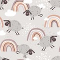 Colorful seamless pattern with sheeps, rainbow, clouds. Decorative cute background with funny animals, sky