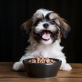 A happy shih tzu puppy eagerly eating its kibble from a bowl by AI generated