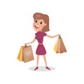 Happy shopaholic girl with paper shopping bags, harmful habit and addiction cartoon vector Illustration Royalty Free Stock Photo