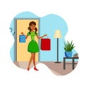 Happy Shopaholic at Home Flat Vector Illustration
