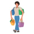 Happy shopaholic man carrying bags with purchasing enjoy sale discount vector isometric illustration
