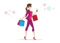 Happy shopper, big sale, happy girl with shopping. Vector illustration of girl style cartoon.Shop online and buy gifts or gifts Royalty Free Stock Photo