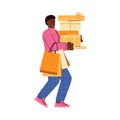 Happy shopper with gifts, bags and packages with purchases a vector illustration