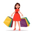 Happy shopper. The girl holds packages. Big Sale. Vector illustration