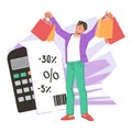 Shopper saves on purchases. Buyer purchases goods on sale with profit, vector.