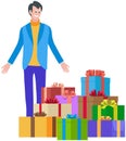 Happy shopper young male person with lot of gifts for family or friends. Seasonal holiday sales