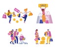 Happy shoppers with bags and shopping carts, flat vector illustration isolated. Royalty Free Stock Photo