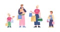 Happy shoppers family with children hold lot of shopping bags and gifts. Royalty Free Stock Photo