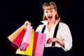 Happy shopping. Excited woman after mall. Shopping center. Discounts, sales. Girl with colorful packages shopping bags Royalty Free Stock Photo