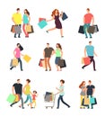 Happy shopping people. Man, woman and shoppers with gift boxes and shopping bags. Vector cartoon characters set Royalty Free Stock Photo