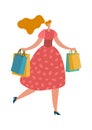 Happy shopping woman with bags. Young lady goes from supermarket isolated vector illustration
