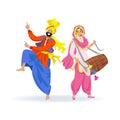 Young merry Indian Sikh couple, man in turban dancing bhangra dance and woman playing dhol drum during festival Lohri or party