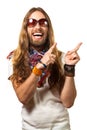 Happy and silly man pointing up at copyspace. Royalty Free Stock Photo