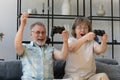 Happy sincere middle aged couple playing video game. Royalty Free Stock Photo