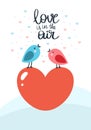 Happy singing couple of birds on a big heart. Happy Valentines day illustration. Romantic hand drawn animal characters