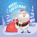 Happy singing song Santa Claus in forest with gift sack and ring bell.