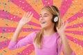 Happy singing teenage girl with headphones over geometric background with musical notes