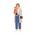 Happy single mother holding her baby in hands. Portrait of modern woman carrying little child. Young smiling mom and