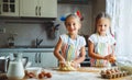 Happy sisters children girls bake cookies, knead dough, play wit Royalty Free Stock Photo