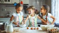 Happy sisters children girls bake cookies, knead dough, play wit Royalty Free Stock Photo