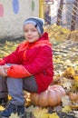 Happy boy sitting on pumpkin outdoors in autumn. Helloween. Royalty Free Stock Photo