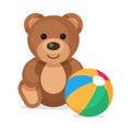 Happy sitting teddy bear toy with the colorful ball icon. Vector illustration in flat style