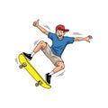 Happy Skateboarder Performing Trick with Yellow Skateboard Royalty Free Stock Photo