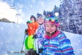 Happy ski girl with skiing class group portrait Royalty Free Stock Photo