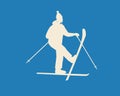 Happy skier isolated, silhouette vector stock illustration with skiing as leisure and colored blue skier