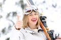 Happy skier with thumbs up in a slope